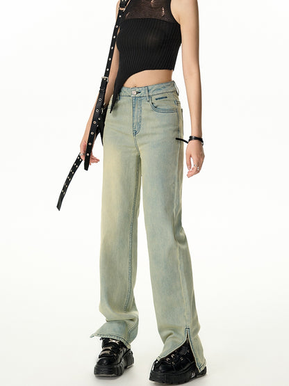 Denim Straight Side-Slit Casual Straight Pants