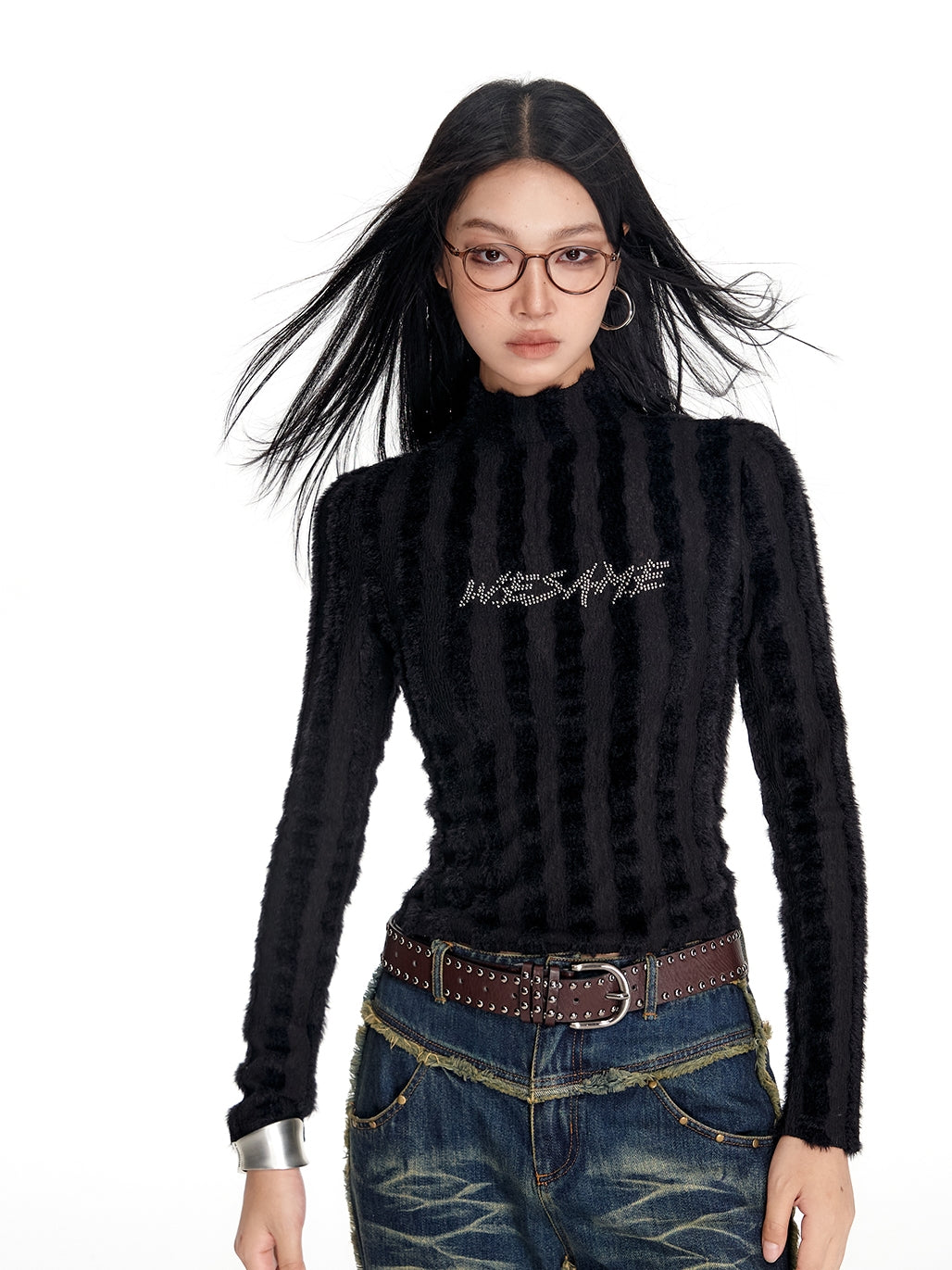 High-Neck Fliffily Rhinestone Slim Mohair-Knit