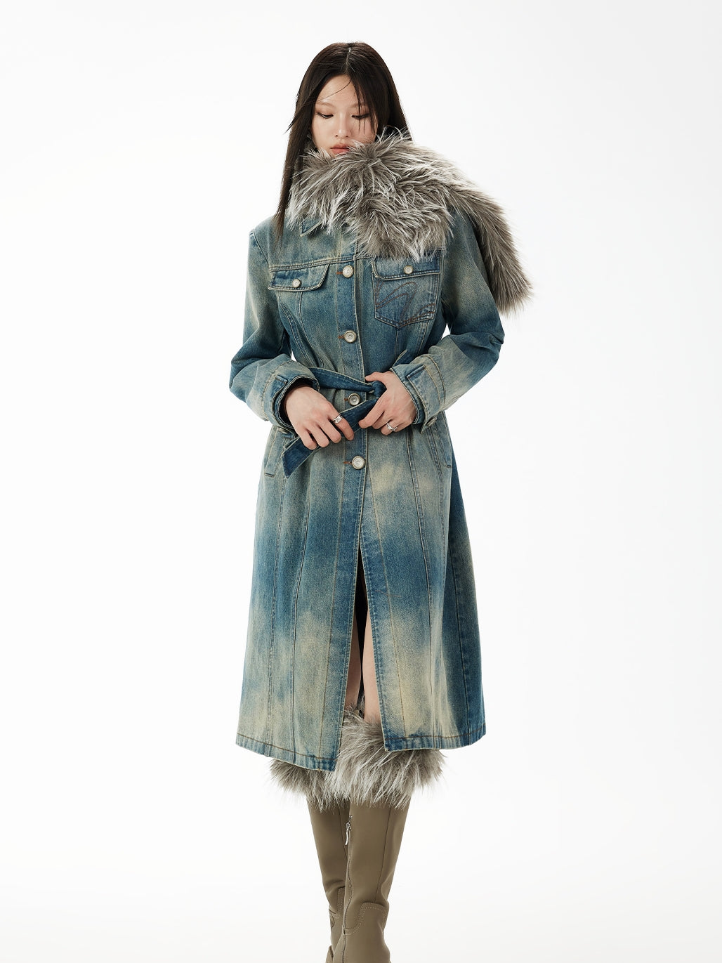 Nichi Fur-Colar Long Faded Casual Denim-coat