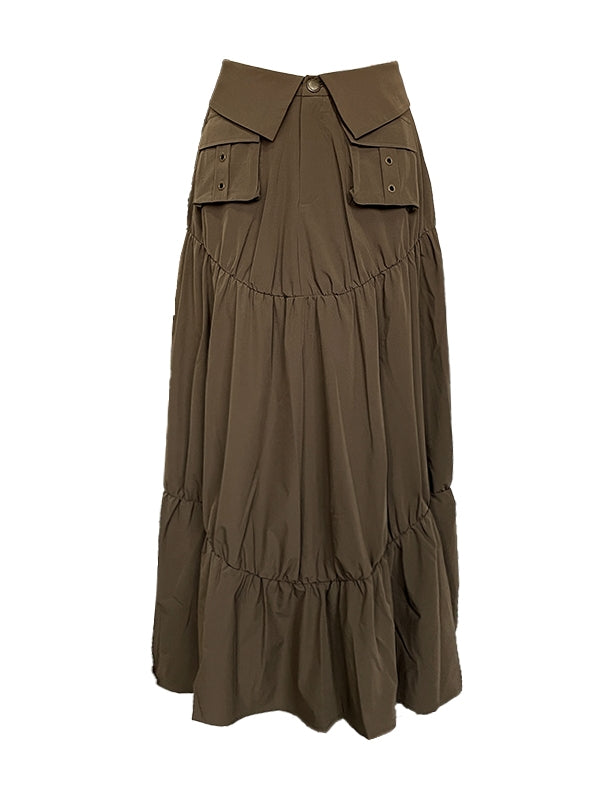 Gather Tiered Flare Plain Nichi Wrap-Waist Long-Skirt