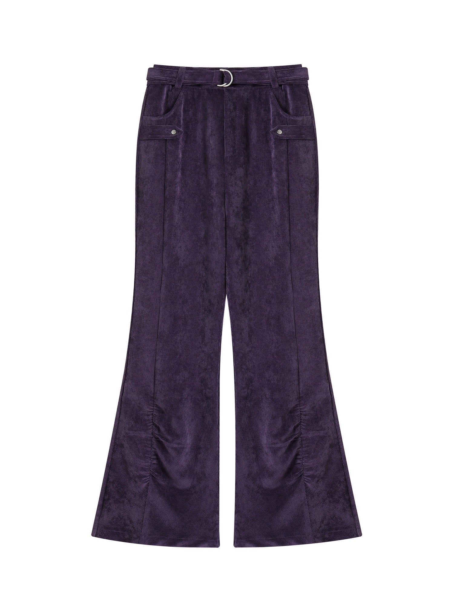 Corduroy Casual Gather Plain Flare-Pants