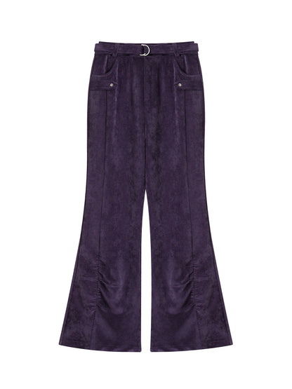 Corduroy Casual Gather Plain Flare-Pants