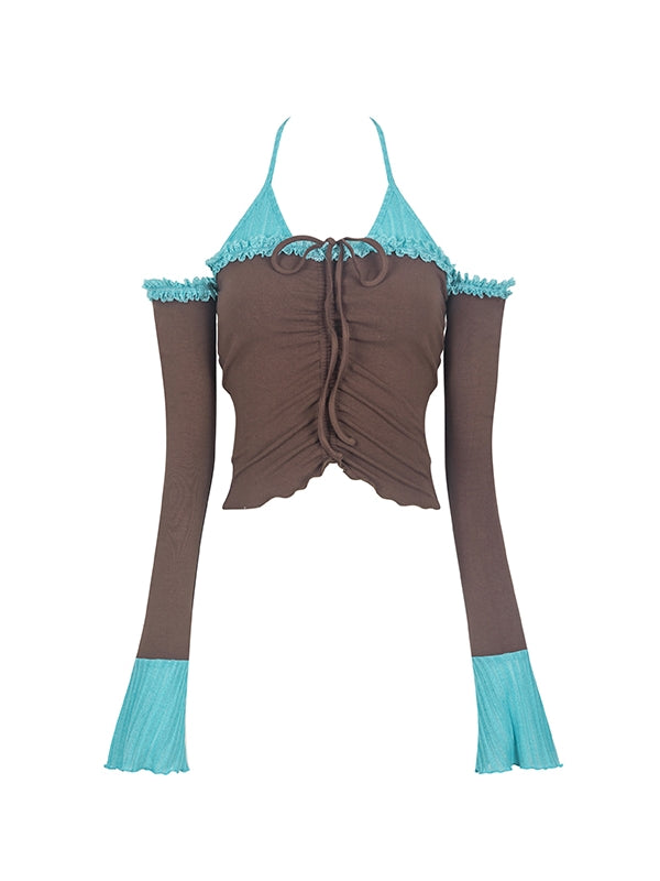 Halter-Neck Bi-Color Frill Sexy Ribbon Open-Shoulder Tops