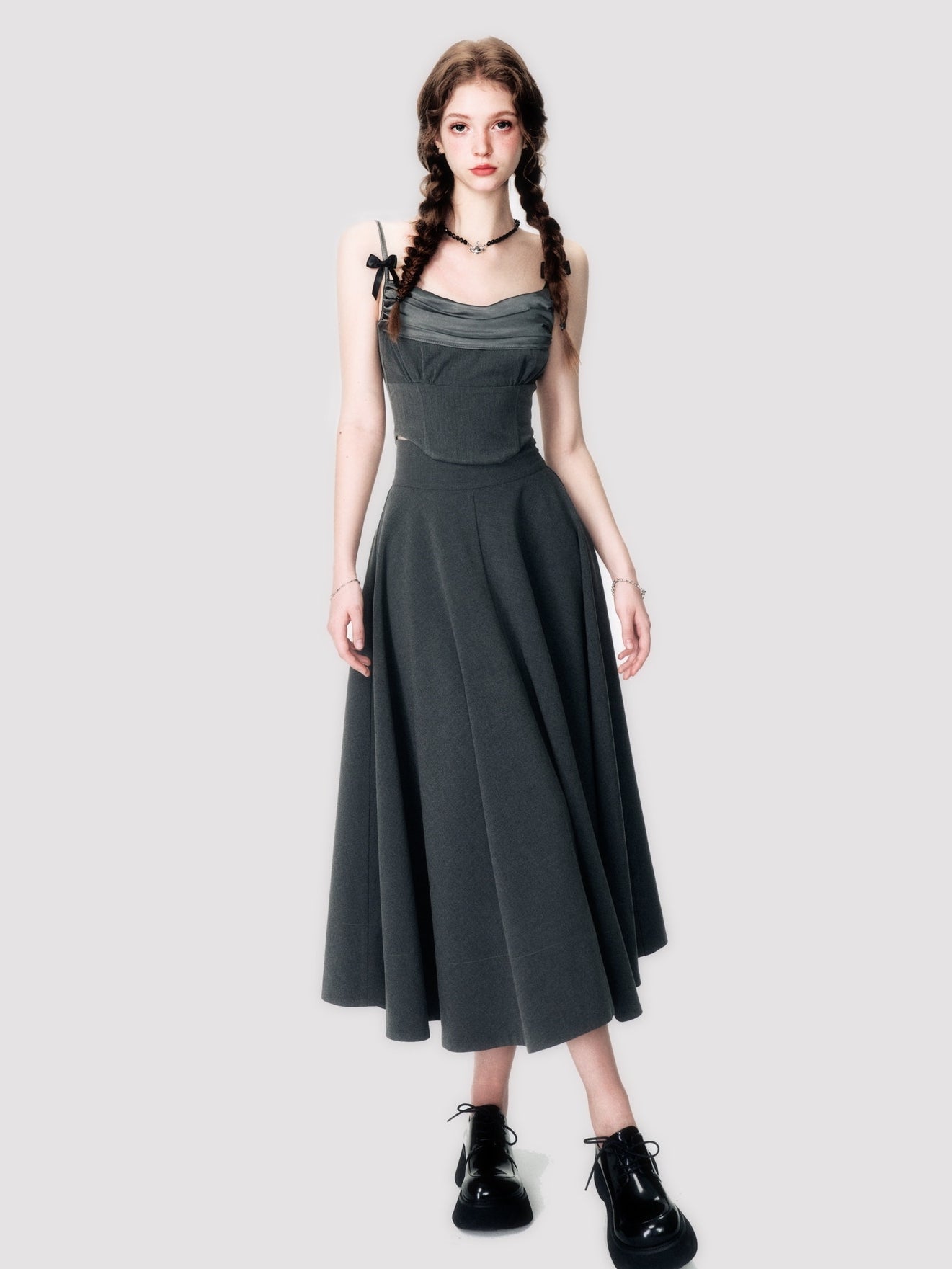 Ribbon Tight Simple Plain Camisole&amp;Long-Skirt