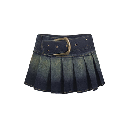 Denim Box-Pleats Casual Faded Belt Mini-Skirt