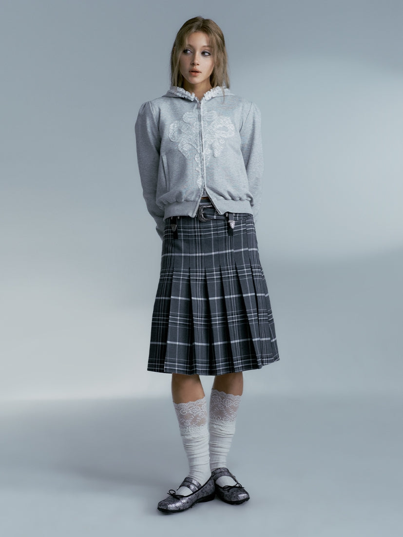 Checked Box-Pleats Girly Middle Skirt