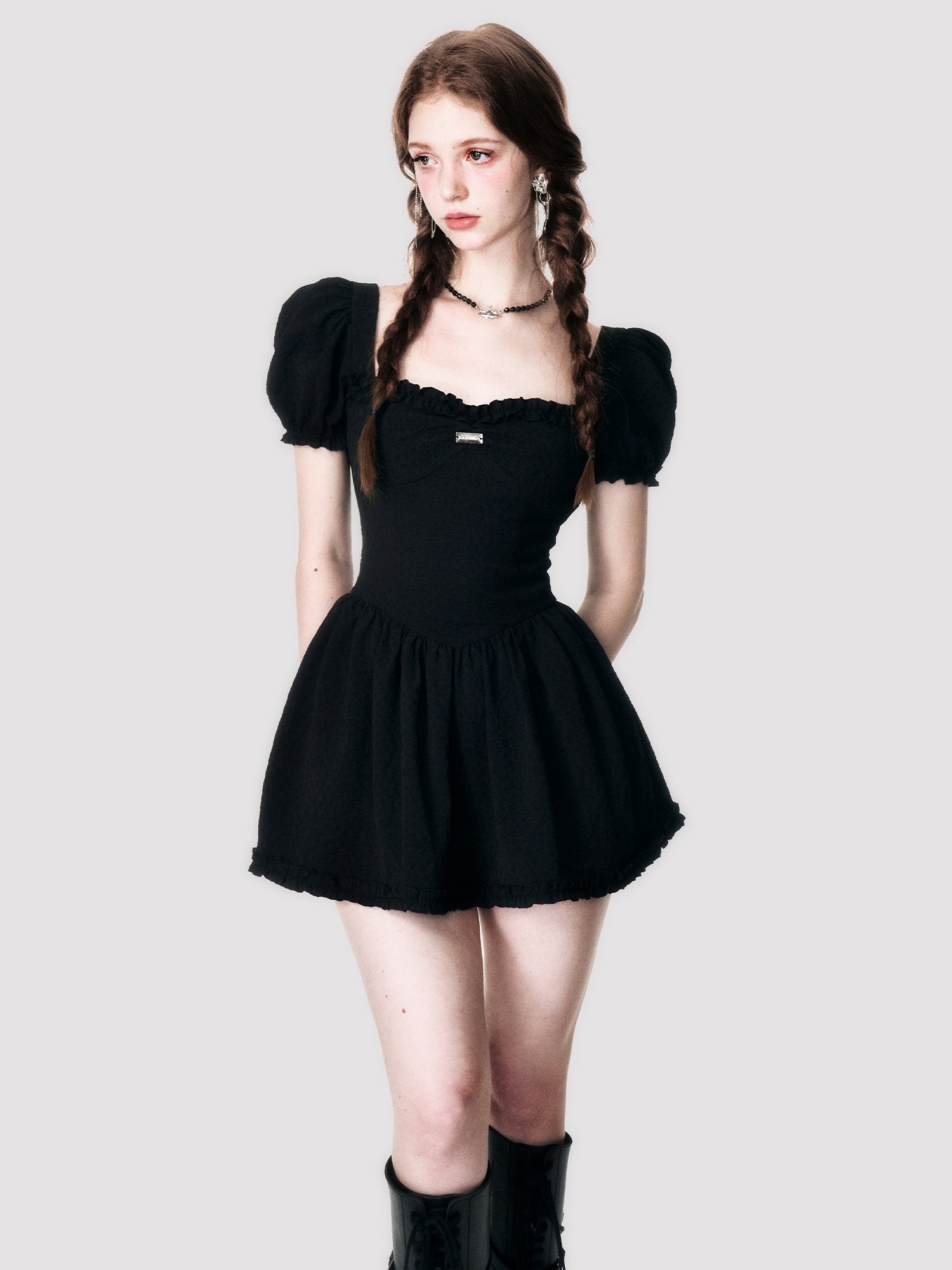 Puff-Sleeve Embroidery Balloon One-Piece