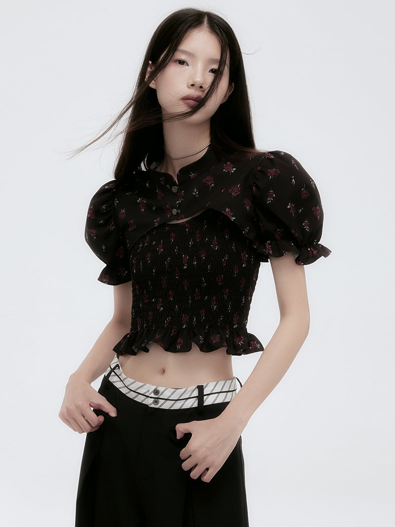 Flower Puff-Sleeve China Frill Cropped Blouse