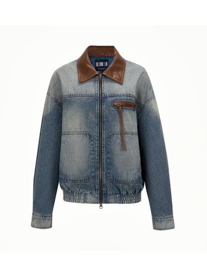 Veste à double zip fanée en denim et en cuir