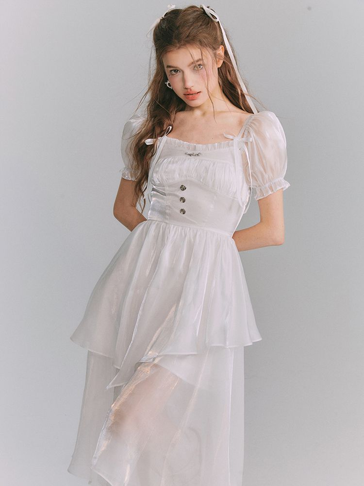 Sheer Puff-sleeve Tiered Asymemtry Long One-piece