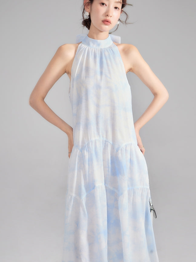 Tie-Dye Pale-Tone Back-Ribbon Arrange Long One-Piece