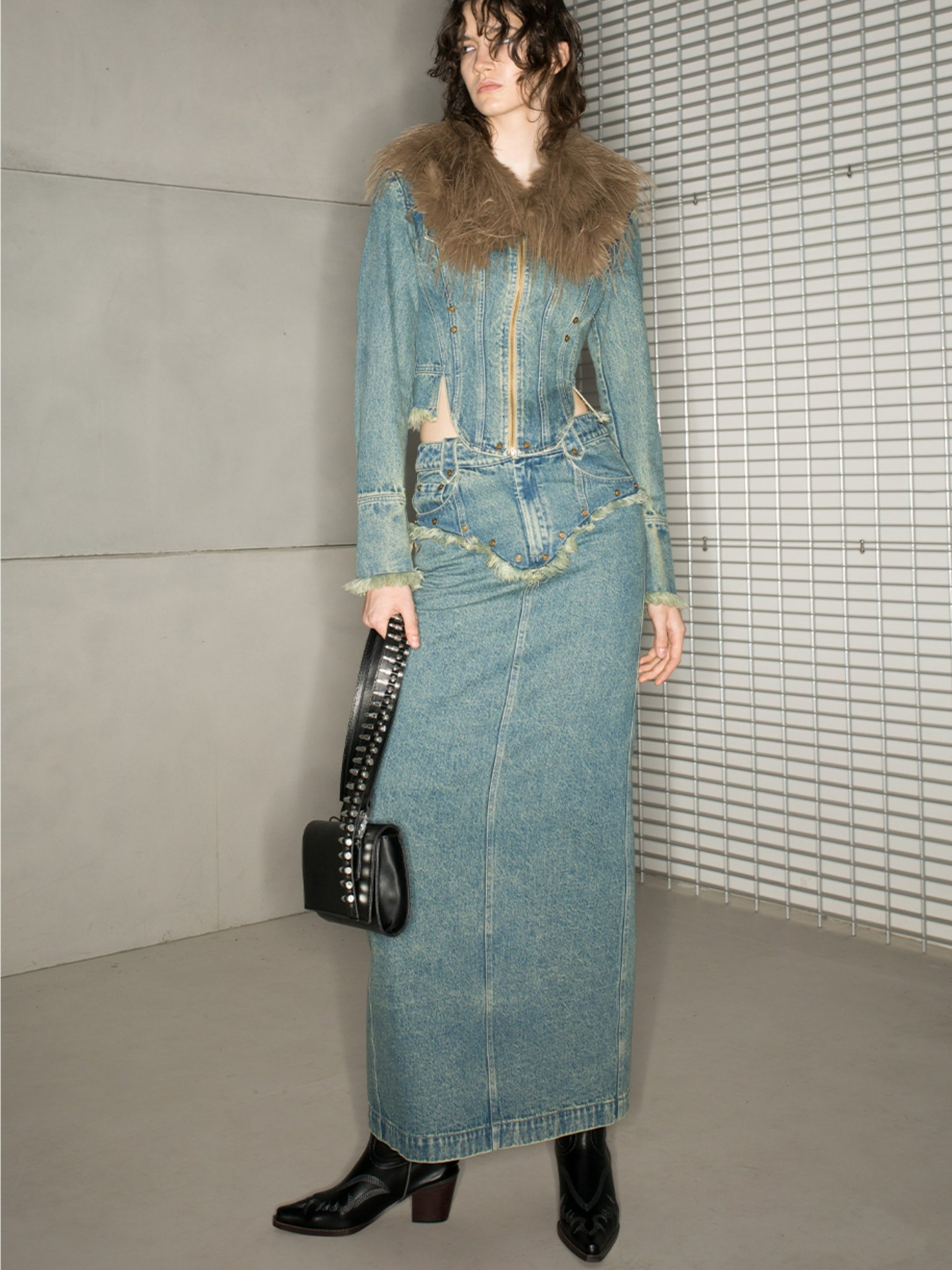 Denim Tassel Nichi Set-Up Tops&amp;Long-Skirt