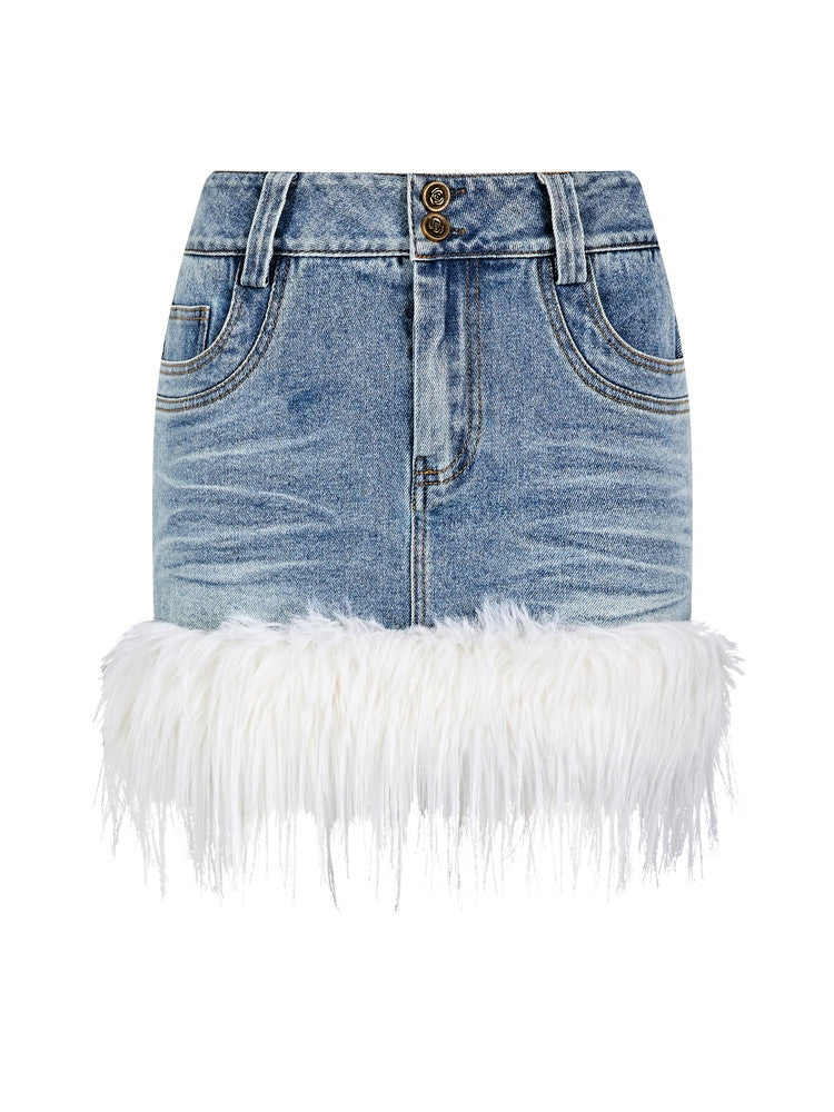 Denim Fur Tight Casual Nichi Min-Skirt