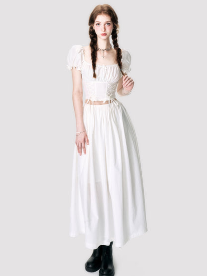 Puff-Sleeve Cropped Lace-Up Back-Open Blouse&amp;Long-Skirt