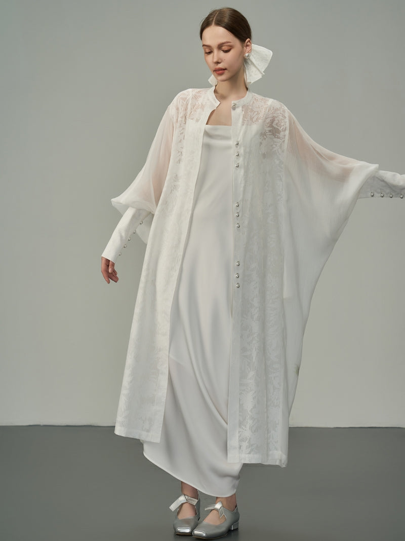 Long-Cuffs Lace Dolman Long Band-Collar Cardigan