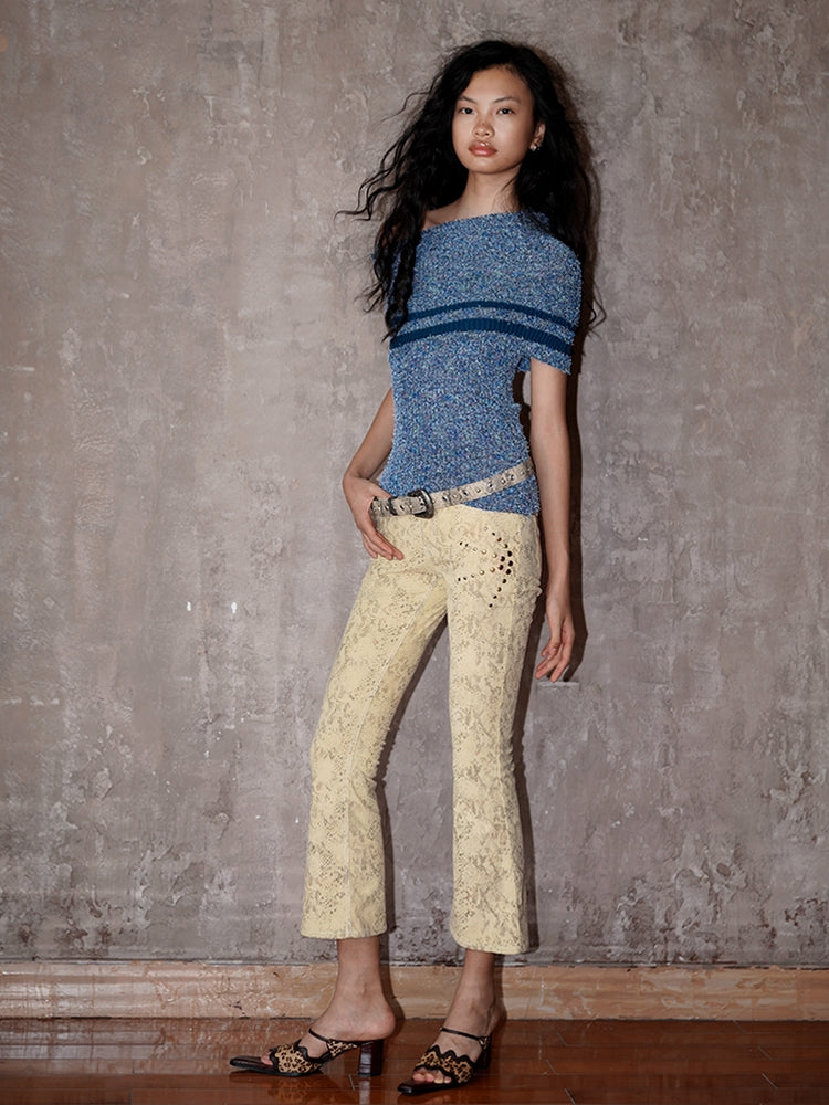 Corduroy Cropped Western Flare Studs Embroidery Pants