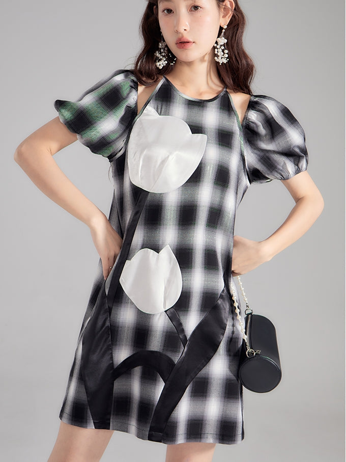 2-way Tulip Nichi Chekced Spray Paff-Sleeve One-Piece