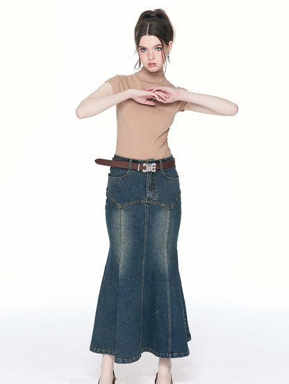 Denim Mermaid Rivet Long-Skirt