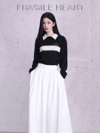 Polo-Neck Retro Monotone Knit&amp;Long-Skirt