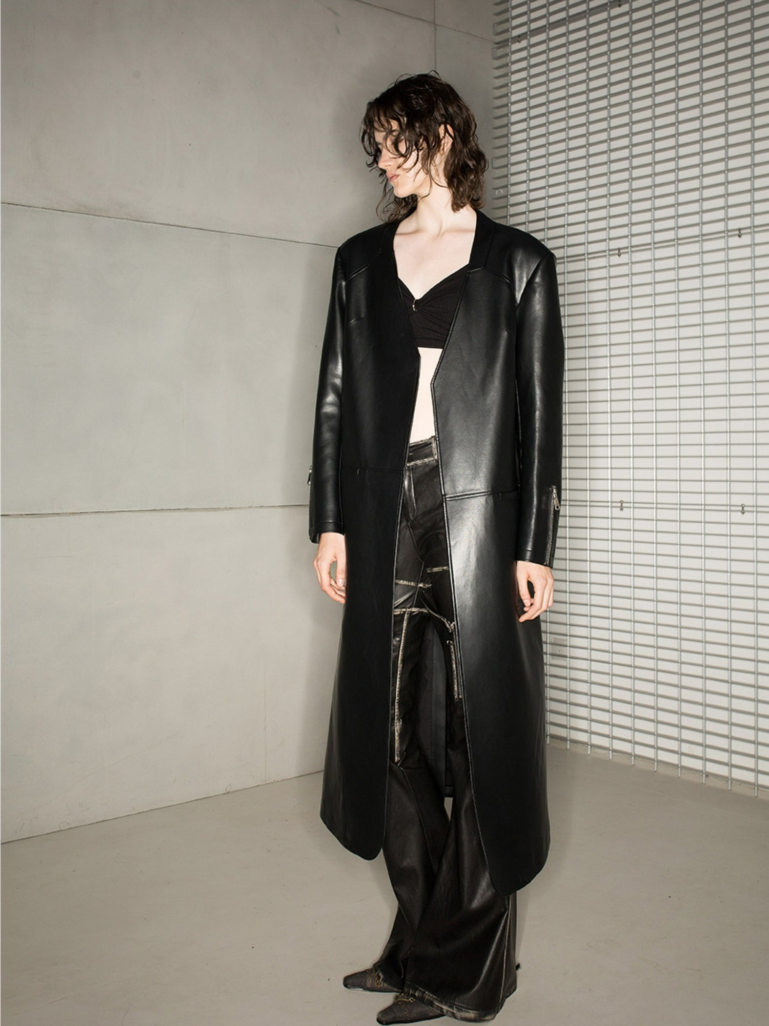 Leather Cool No-Collar Smooth Long-Coat