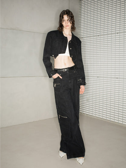 캐주얼 한 느슨한 Zip-Pocket Wide-Pants Denim-Pants