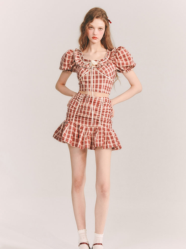 Checked Girly Puff-Ärmer Netter Bluse &amp; Minirocke