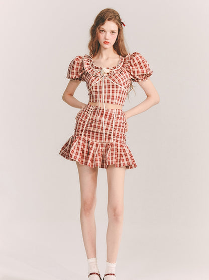 Checked Girly Puff-Sleeve Cute Blouse&amp;Mini-Skirt