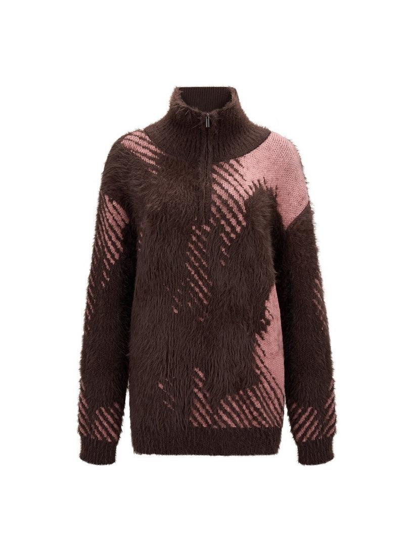 High-Neck Fluffily Half-Zip Casual Oversize Mohair-Knit