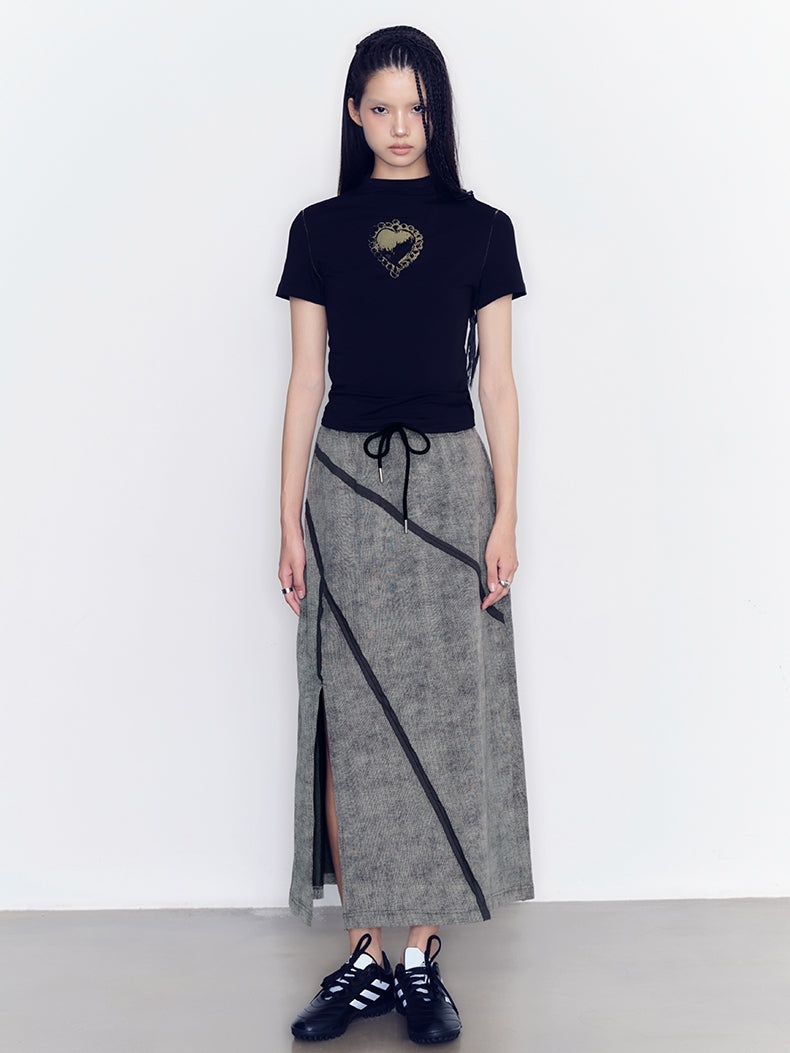 세련된 스티치 레트로 TT-Shirt &amp; Long Skirt &amp; Pants