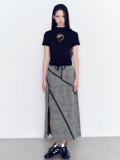 세련된 스티치 레트로 TT-Shirt &amp; Long Skirt &amp; Pants