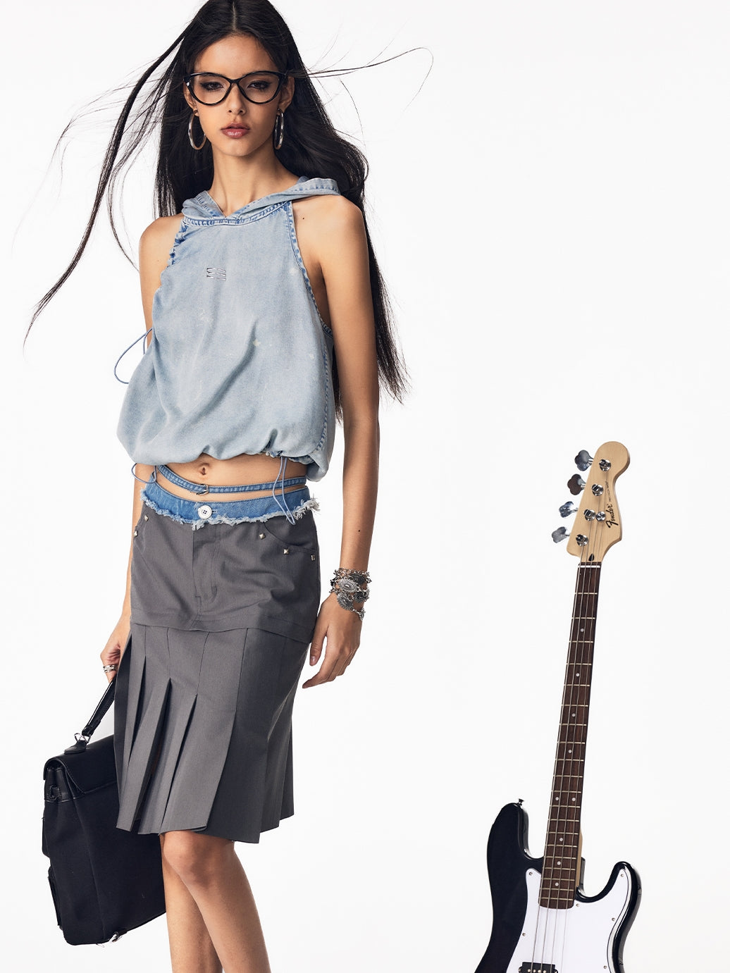 Drawstring Denim Hoodie Nichi Sleeveless Tops &amp; Skirts