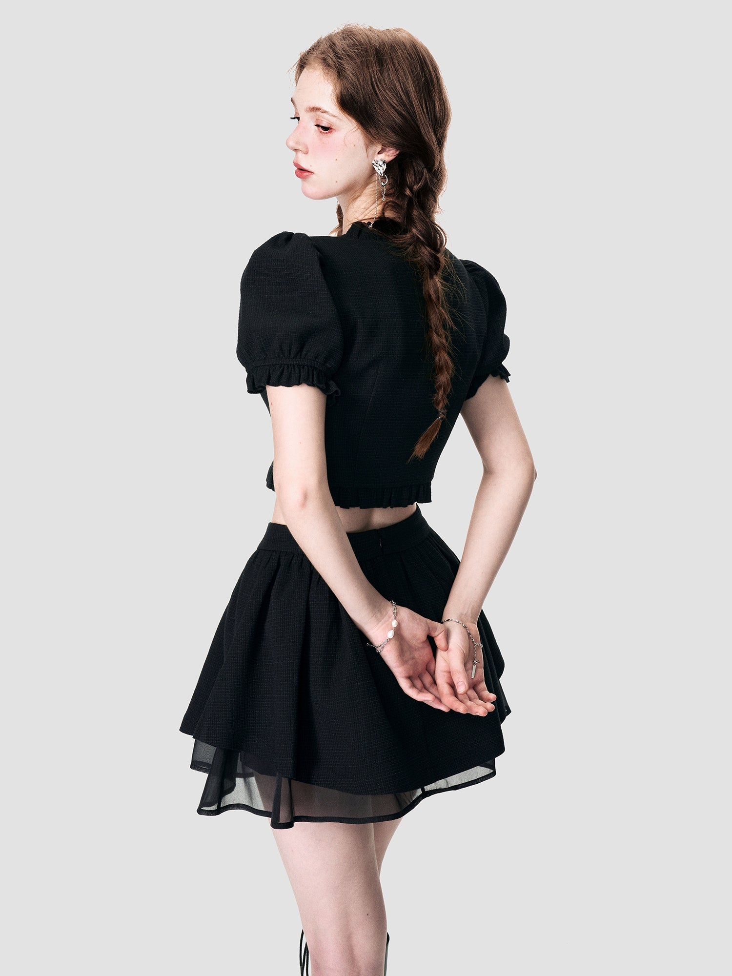 Puff-Sleeve Tiered Frill Lace Ciffon Blouse&amp;Mini-Skirt