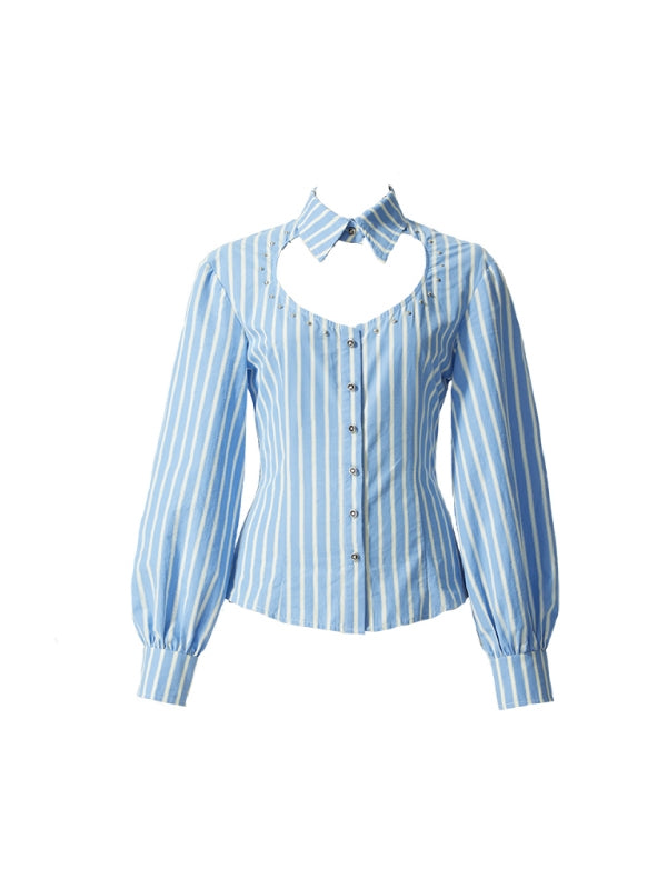 Front-Cut Stripe Balloon-Sleeve Blouse