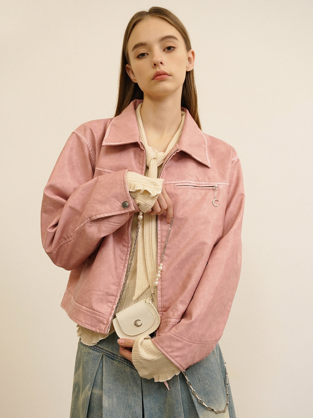 Jacket en cuir rétro rafraîchissant et mignon naturel