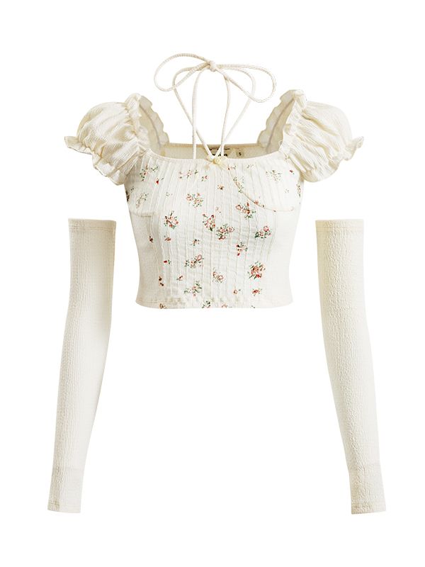 Glove Flower Cropped Fit Frill Ribbon Asymmetry Tops＆Skirt