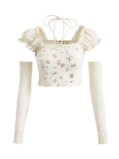 Glove Flower Cropped Fit Frill Ribbon asymmetry Tops &amp; Skirt