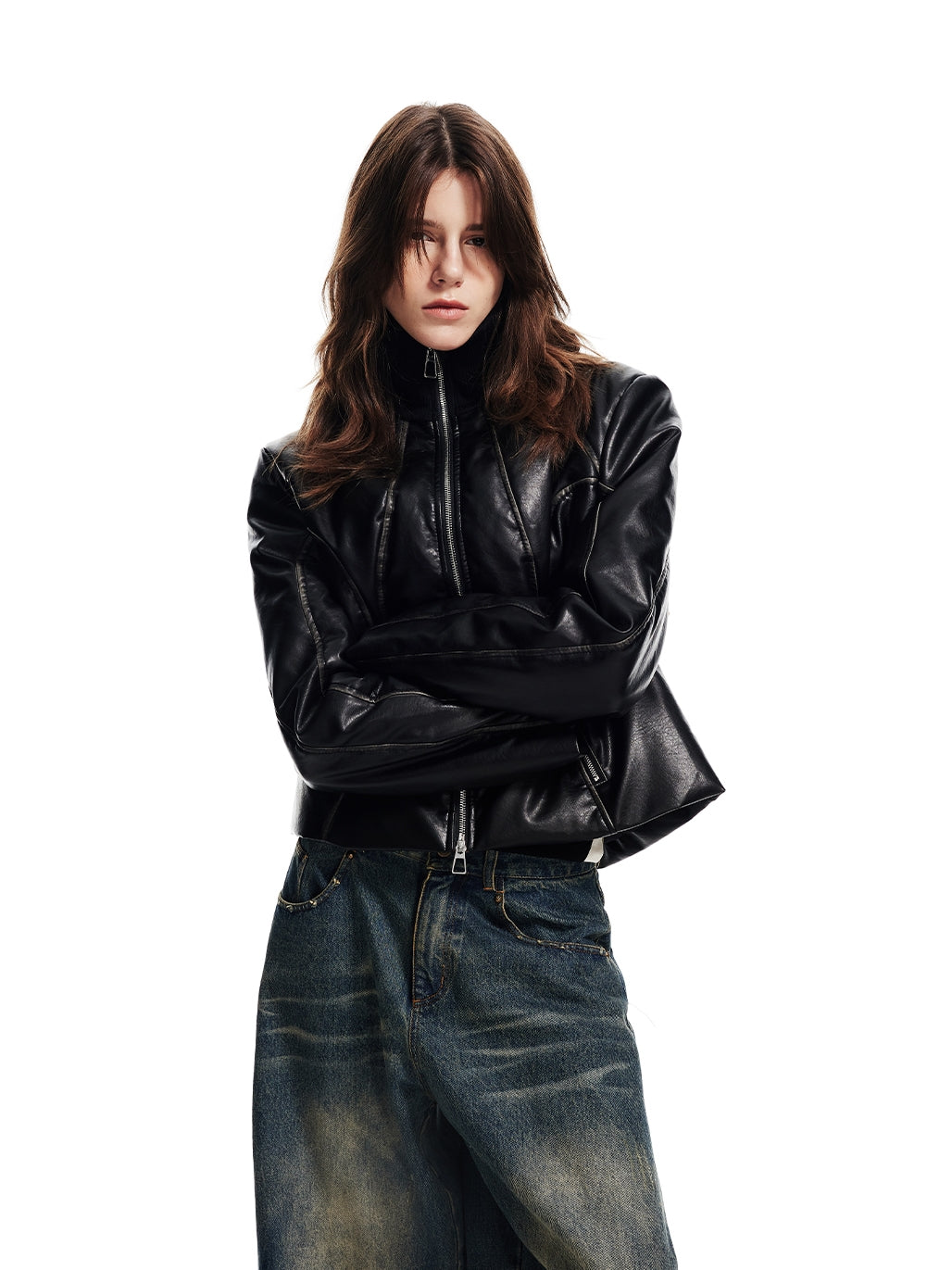 Stand-Collar Leather Cool Double-Zip Jacket