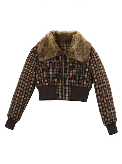 Fur Checked Letaher Short Retro Jacket