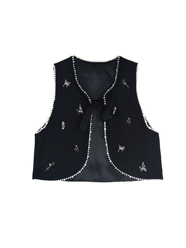 Embroidery Pearl Butterfly Chic Ribbon Vest