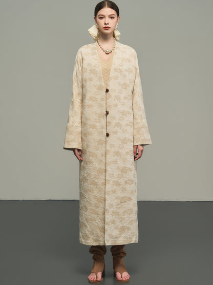 Flower Embroidery Long No-Collar Cotton Long-Coat