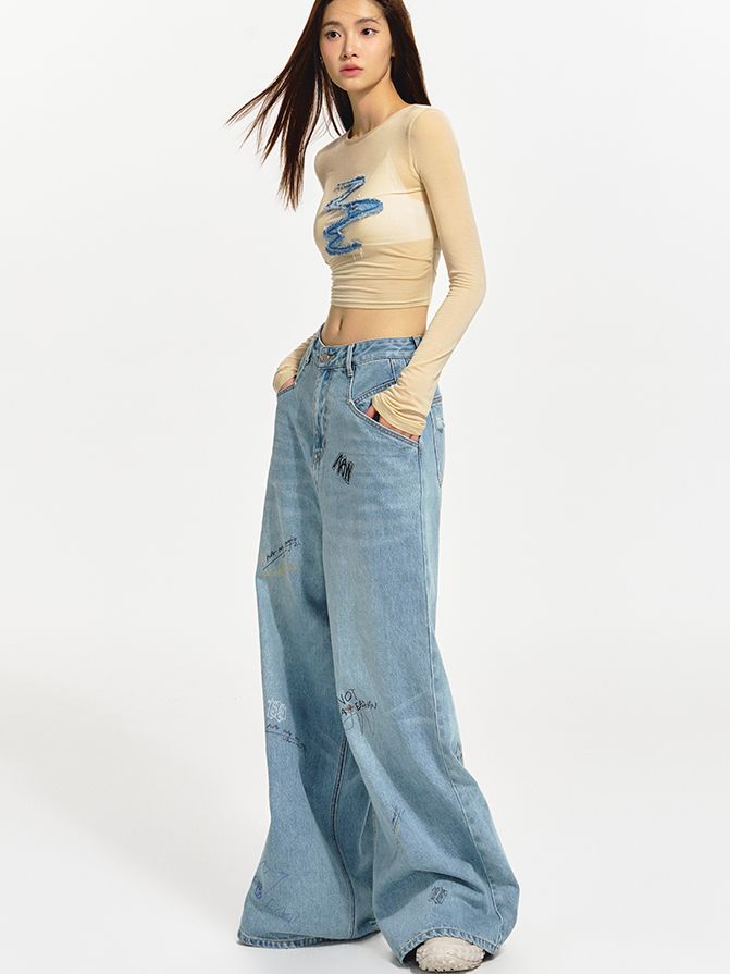 Logo Wide-leg Denim Casual Loose Pants