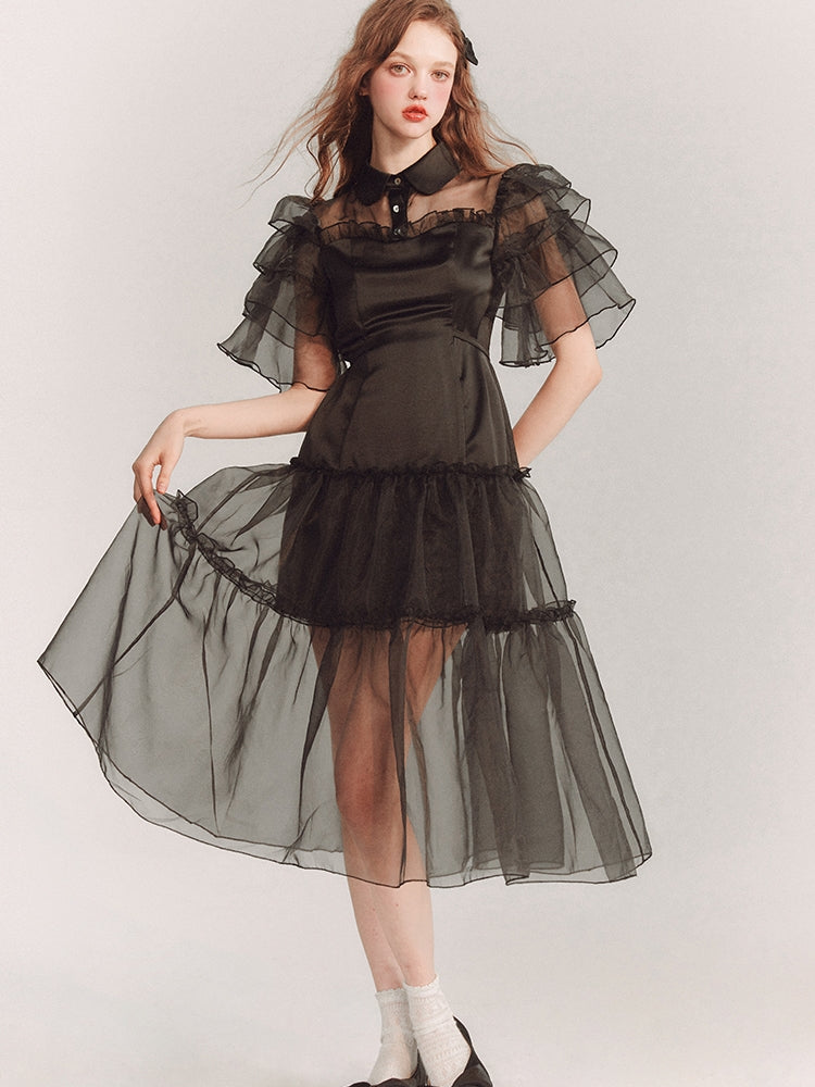 See-Through Tiered Flare-Sleeve Frill Dress One-Piece