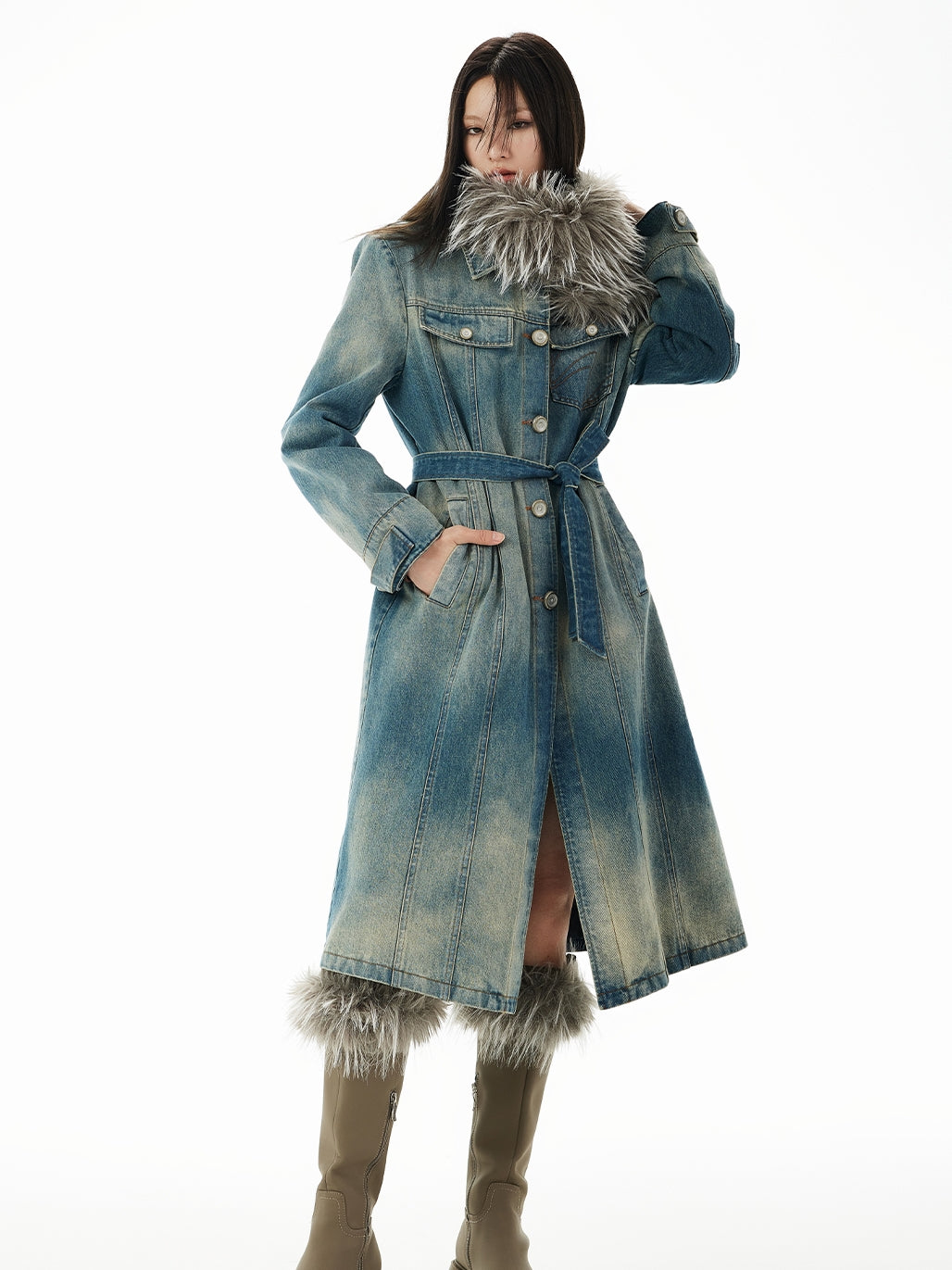 Nichi Fur-Collar Long Faded Casual Denim-Coat