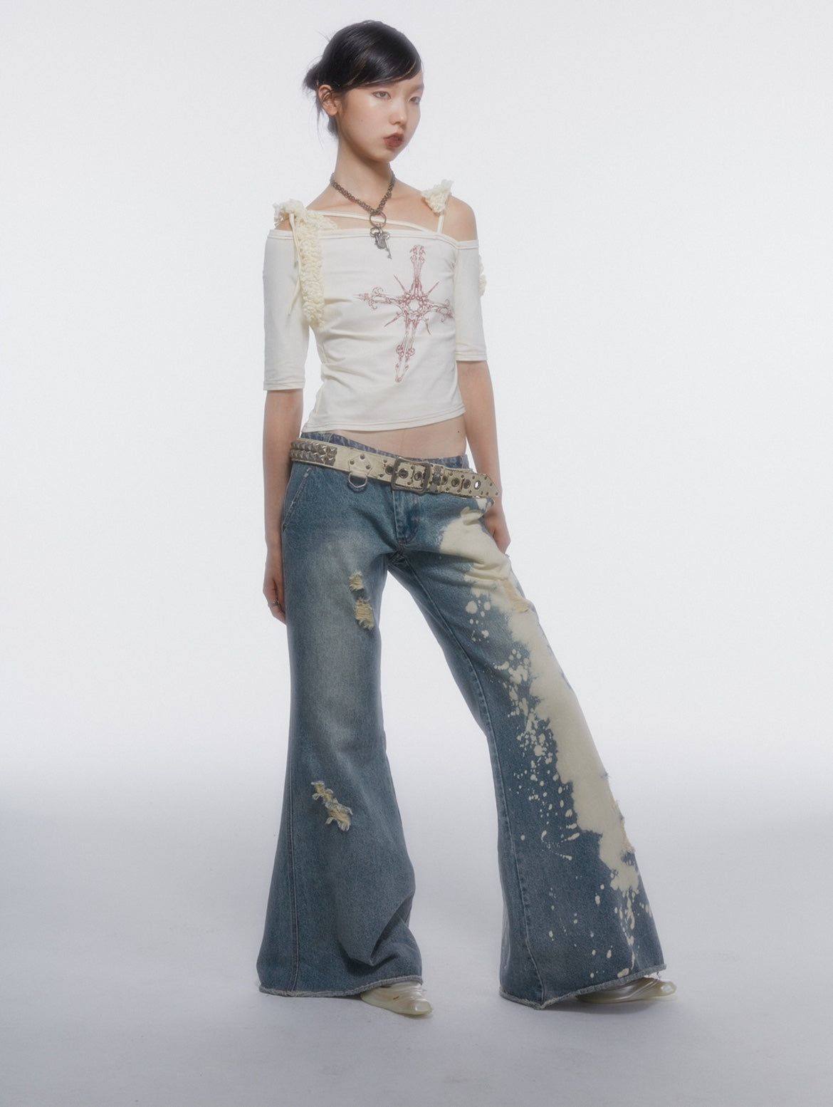 Damage Paint Denim Wide-Leg Flare-Pants