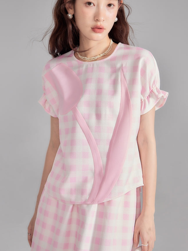 Checked Tulip Girly Candy-Sleeve Blouse＆Long-Skirt