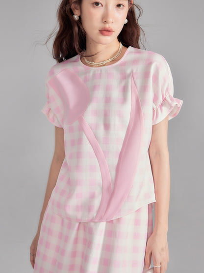 Checked Tulip Girly Candy-Sleeve Blouse＆Long-Skirt