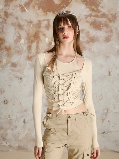 Lace-Up Tight Cropped Nichi Fake-Layered Cutsew