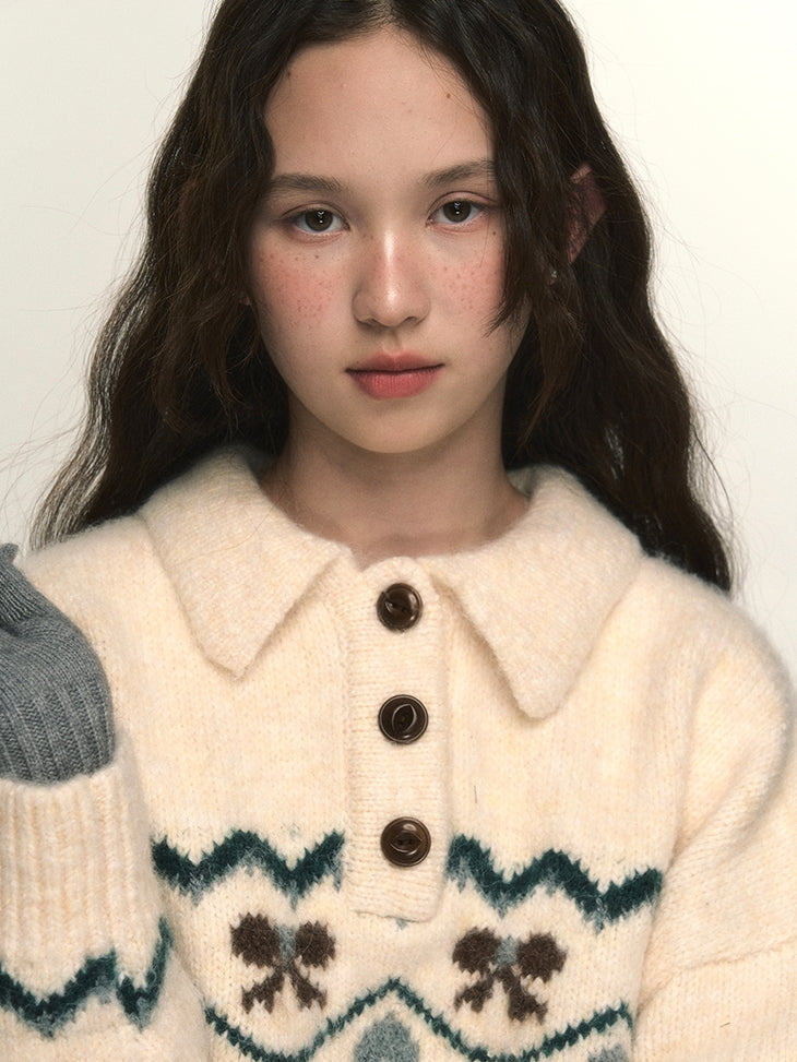 Polo-Neck Nordic Ribbon Knit Sweater