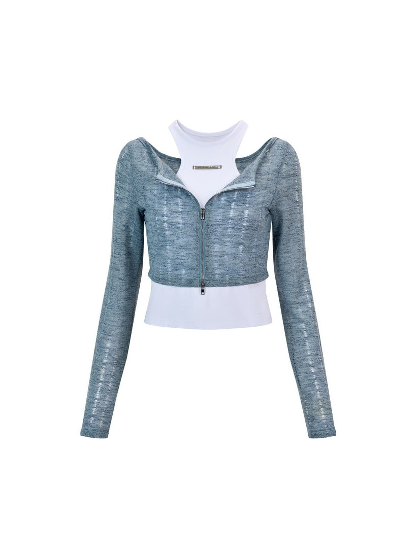 Fake-Layered Tight Zip Thin Knit Tops