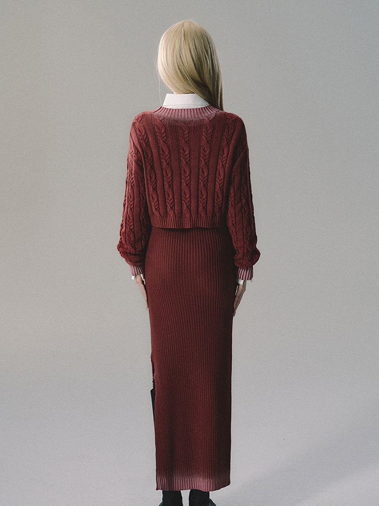 Set-Up Cable-Knit Rib-Knit Tight Retro Knit＆Skirt – ARCANA ARCHIVE